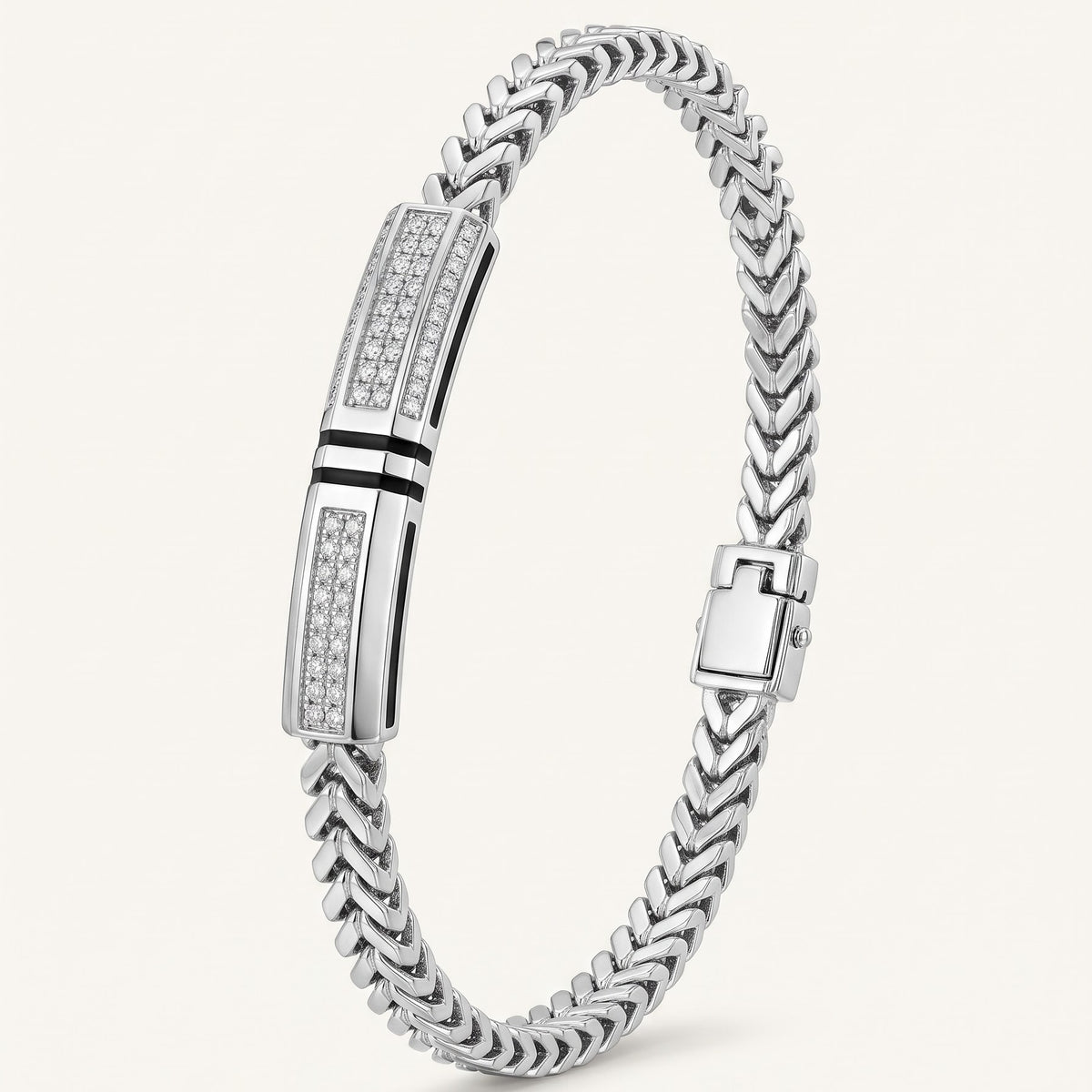 Men's Silver Chevron Link Bracelet with Crystal Bar