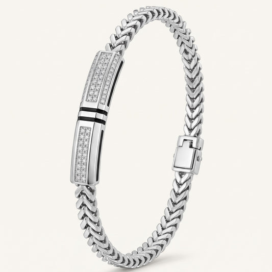 Men's Silver Chevron Link Bracelet with Crystal Bar