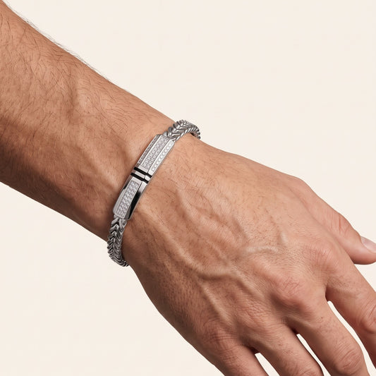 Men's Silver Chevron Link Bracelet with Crystal Bar