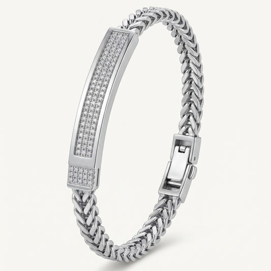 Men's Silver Cuban Link Bracelet with Crystal Bar