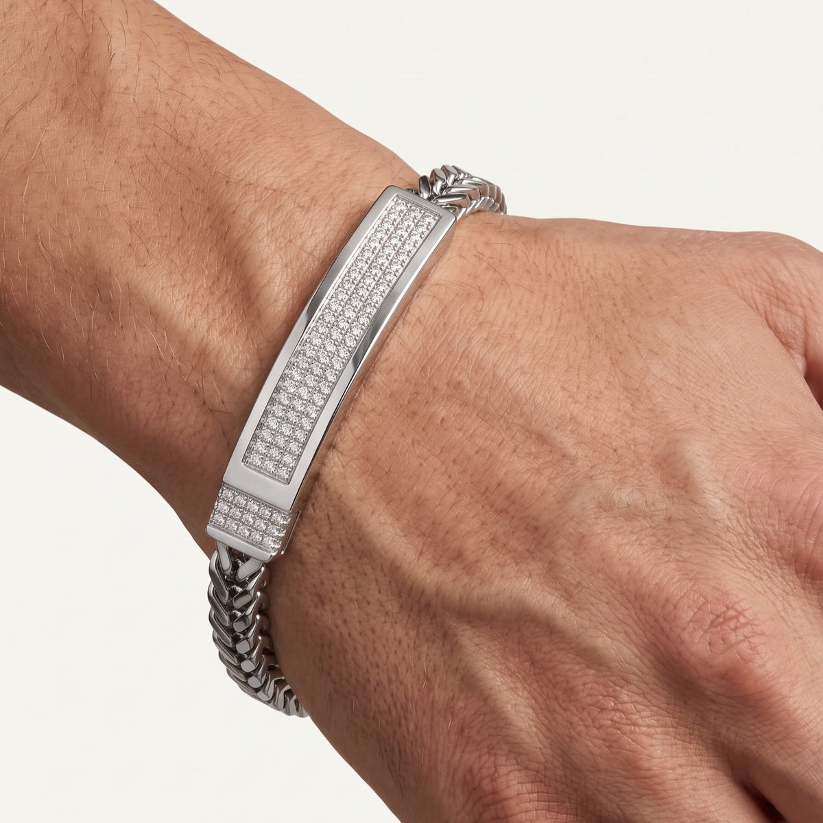 Men's Silver Cuban Link Bracelet with Crystal Bar