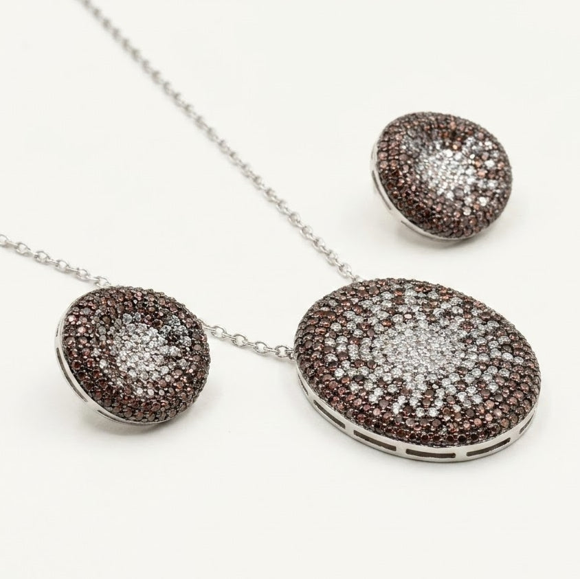 Elegant Brown Crystal Pendant Necklace & Matching Earrings Set