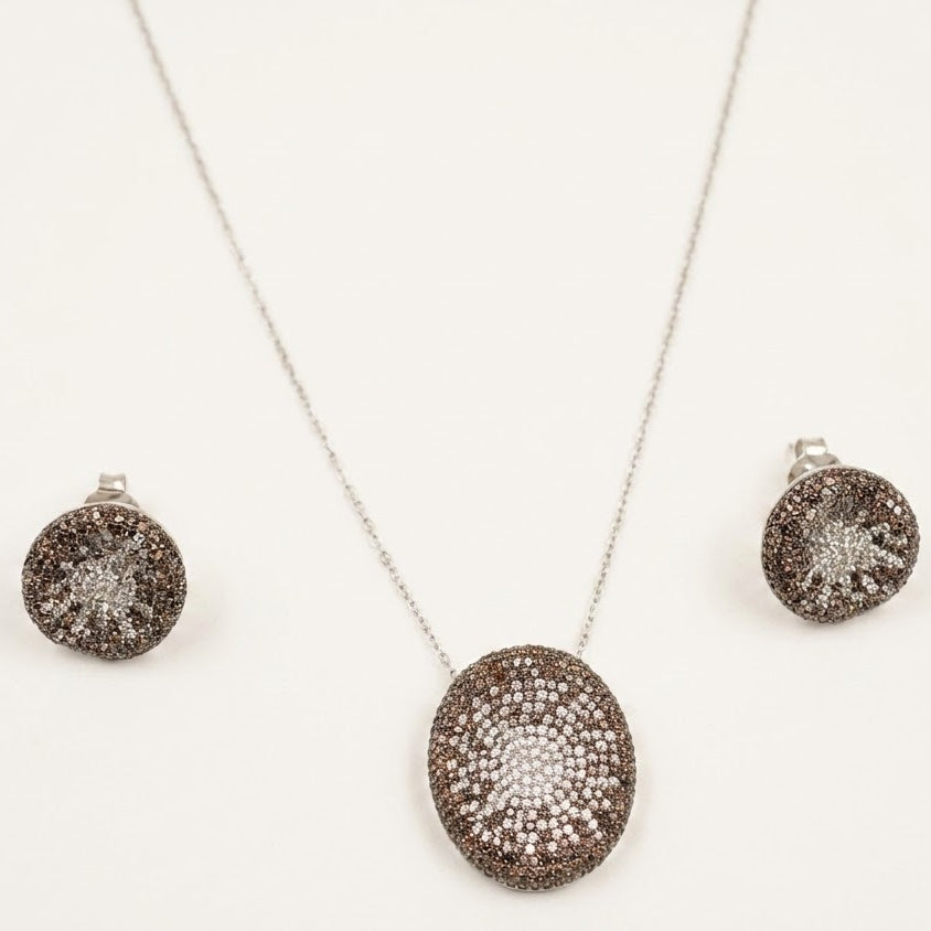 Elegant Brown Crystal Pendant Necklace & Matching Earrings Set