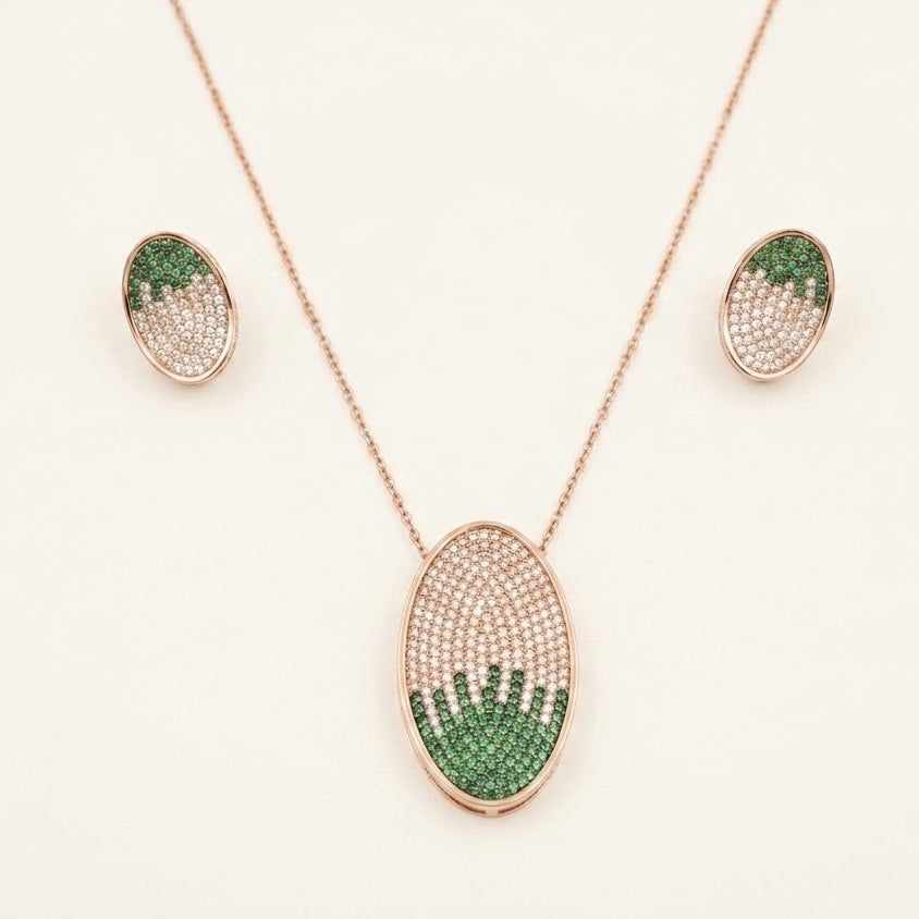Elegant Green & Rose Gold Crystal Pendant Necklace and Earrings Set