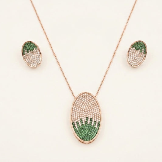 Elegant Green & Rose Gold Crystal Pendant Necklace and Earrings Set
