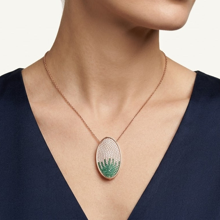 Elegant Green & Rose Gold Crystal Pendant Necklace and Earrings Set