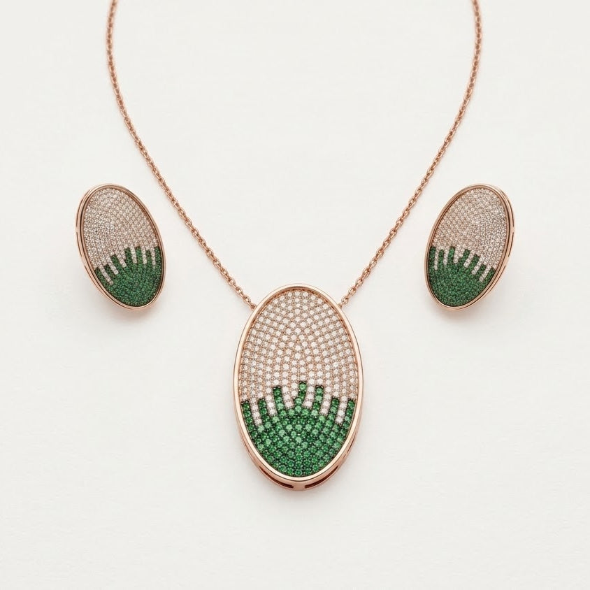 Elegant Green & Rose Gold Crystal Pendant Necklace and Earrings Set