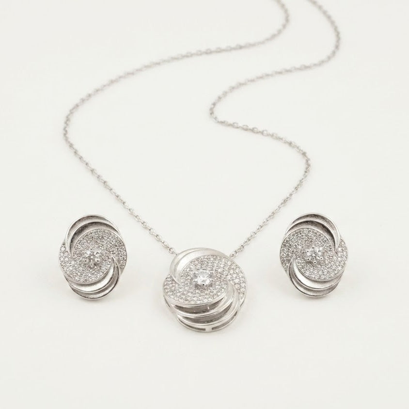 Elegant Swirl Pavé Pendant Necklace & Earrings Set