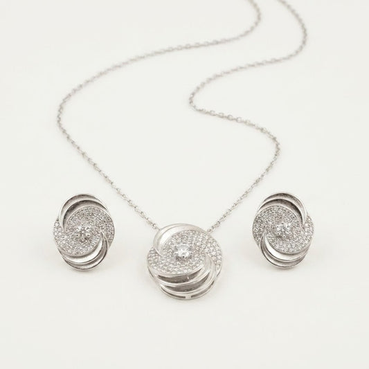 Elegant Swirl Pavé Pendant Necklace & Earrings Set
