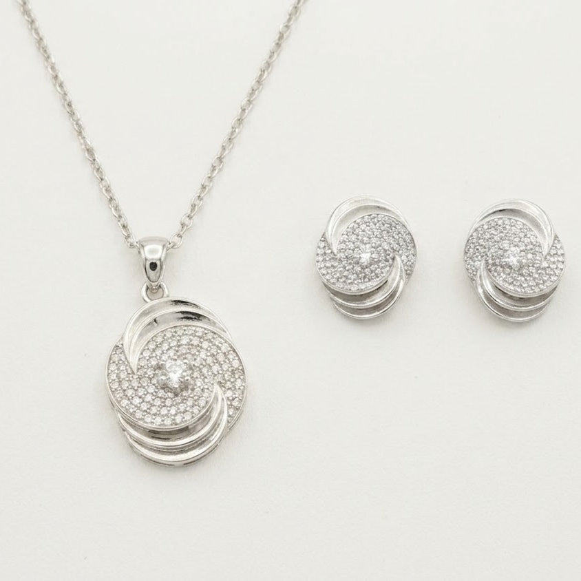 Elegant Swirl Pavé Pendant Necklace & Earrings Set