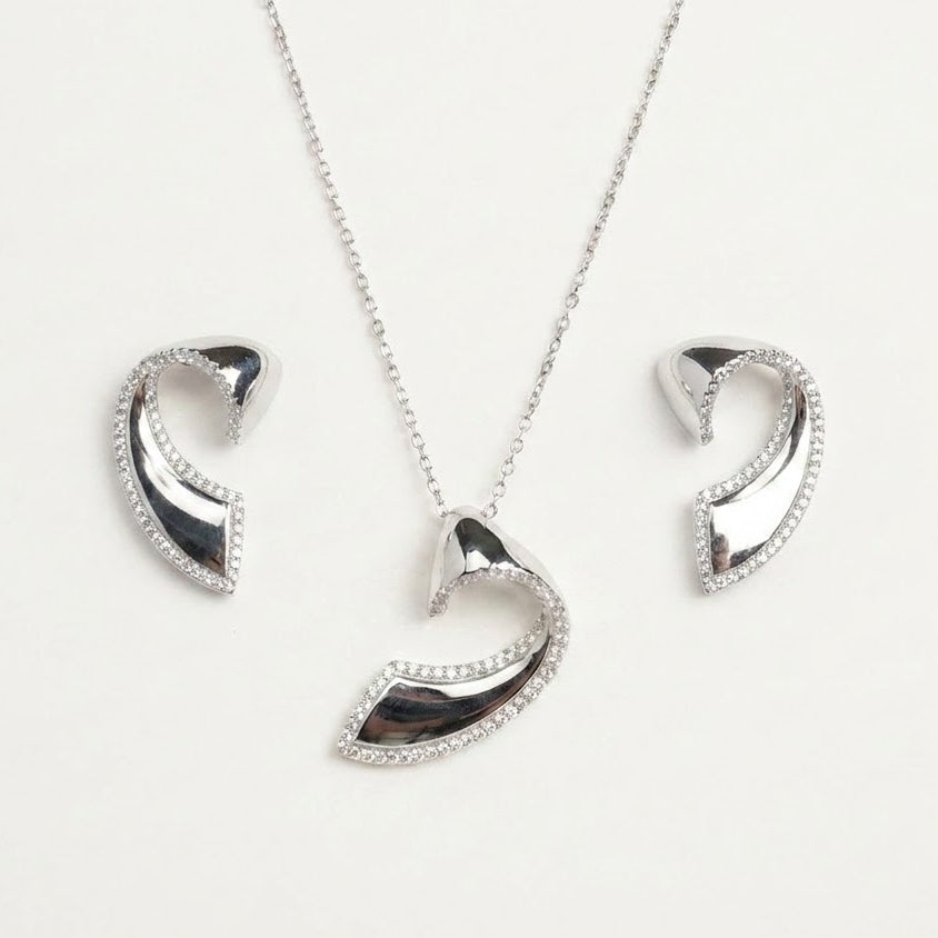 Elegant Curved Pavé Necklace & Earrings Jewellery Set