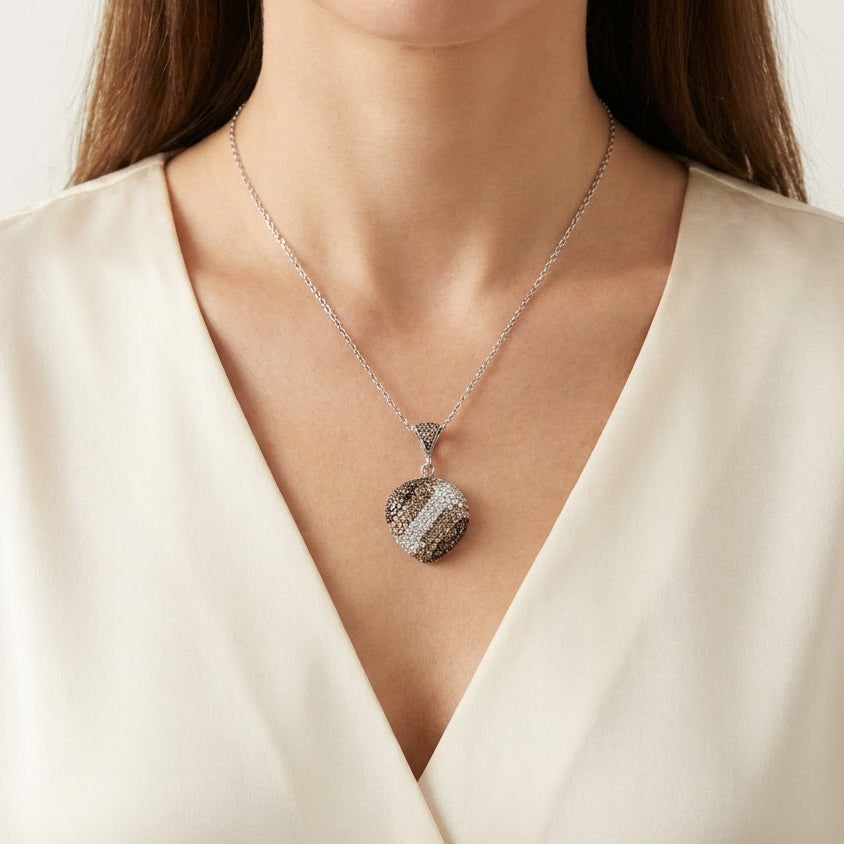 Elegant Brown & Silver Crystal Pendant Necklace and Stud Earrings Set