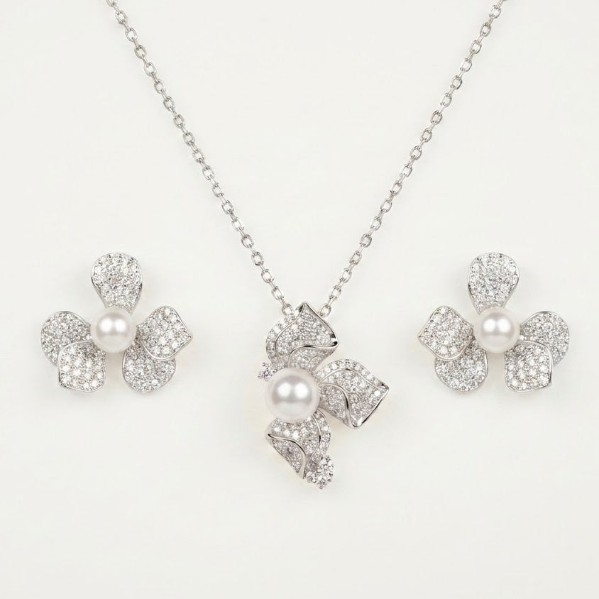 Elegant Pearl Floral Necklace & Earrings Set