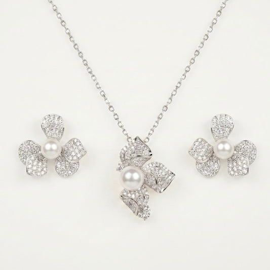 Elegant Pearl Floral Necklace & Earrings Set