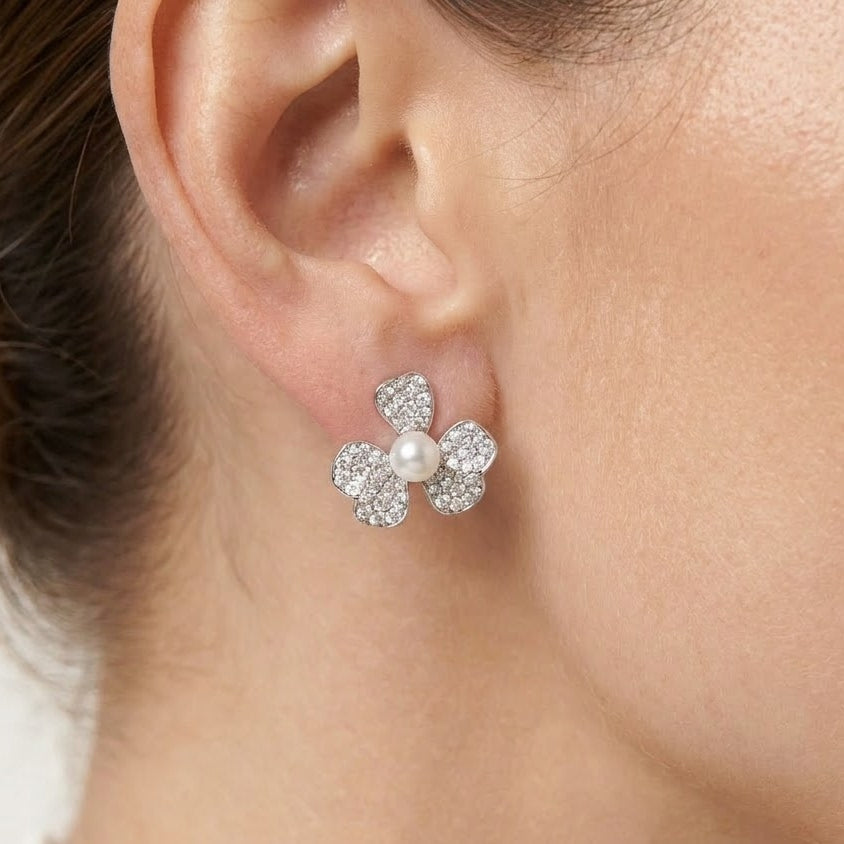 Elegant Pearl Floral Necklace & Earrings Set