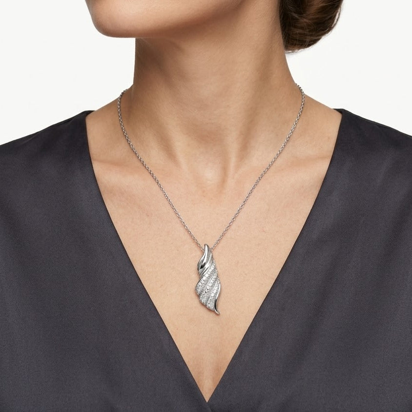 Elegant Feather-Inspired Pavé Necklace & Earrings Set