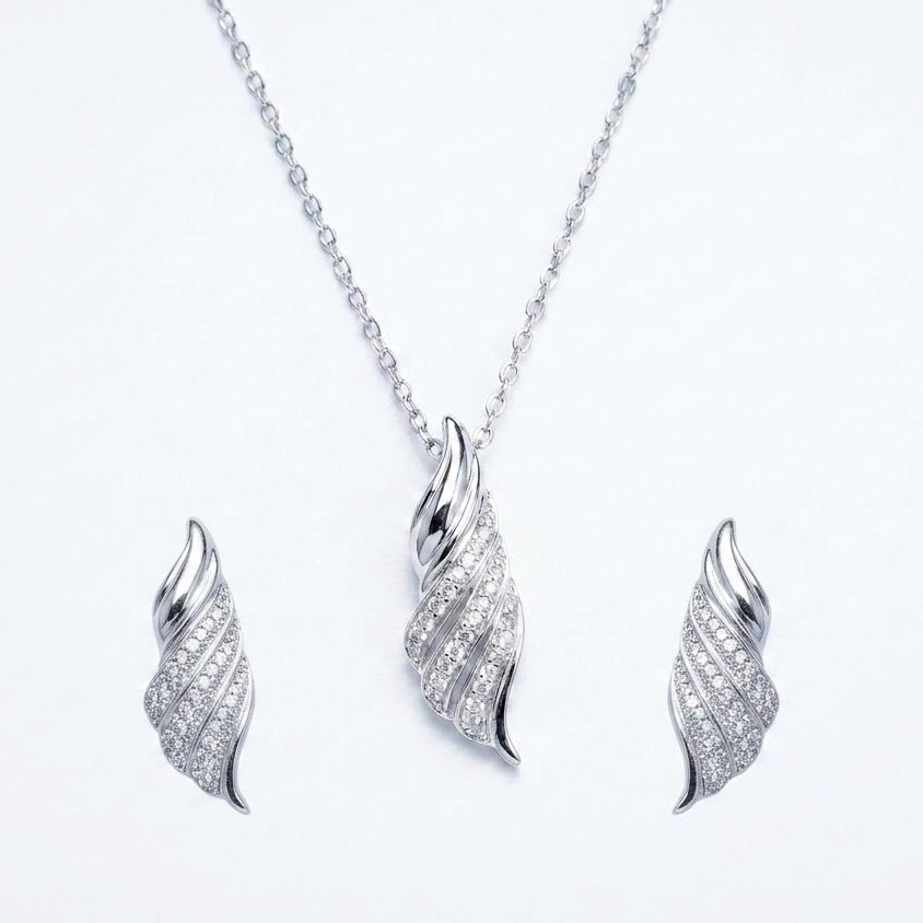 Elegant Feather-Inspired Pavé Necklace & Earrings Set