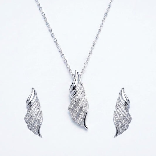 Elegant Feather-Inspired Pavé Necklace & Earrings Set