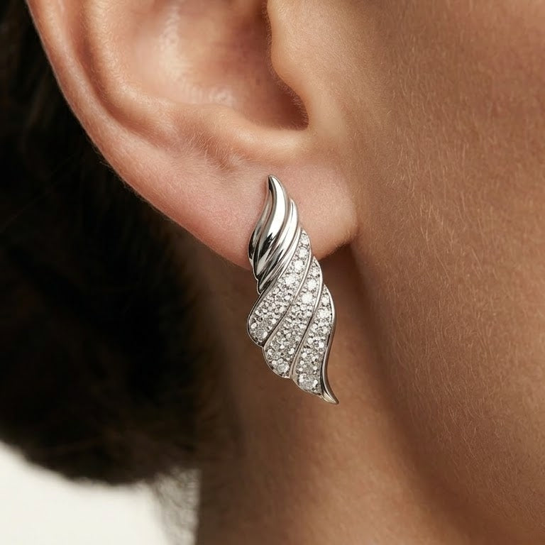 Elegant Feather-Inspired Pavé Necklace & Earrings Set