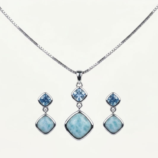 Elegant Blue Larimar & Crystal Pendant Necklace and Earrings Set