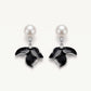 Elegant Black Enamel Flower Pearl Necklace & Earrings Set