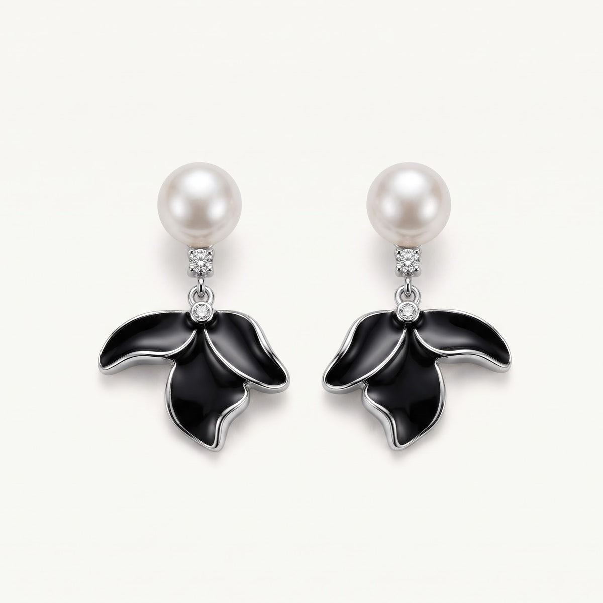 Elegant Black Enamel Flower Pearl Necklace & Earrings Set