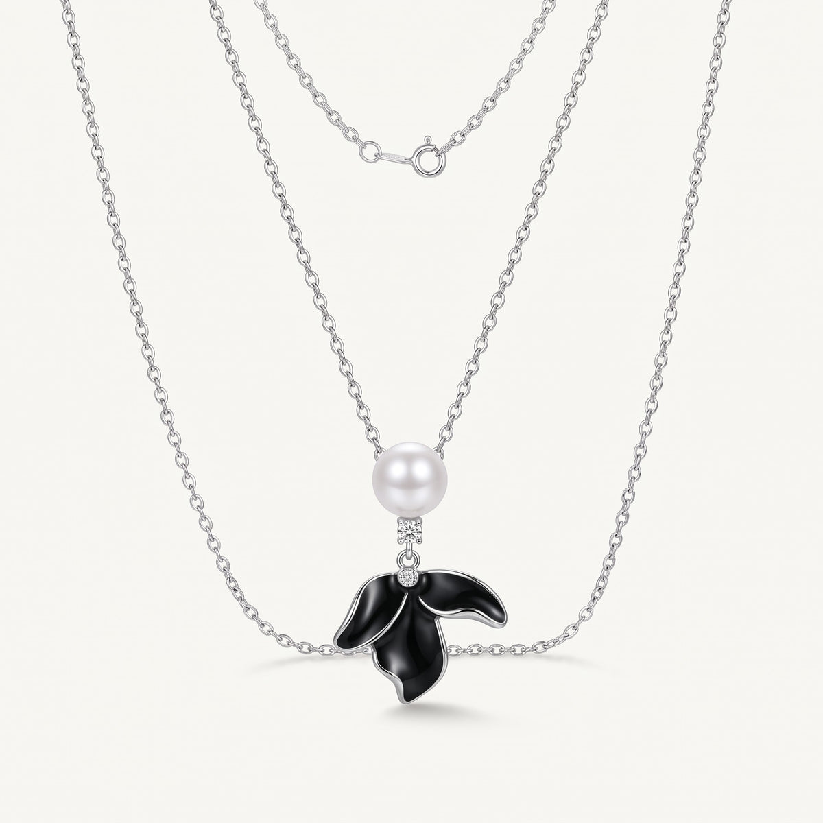 Elegant Black Enamel Flower Pearl Necklace & Earrings Set