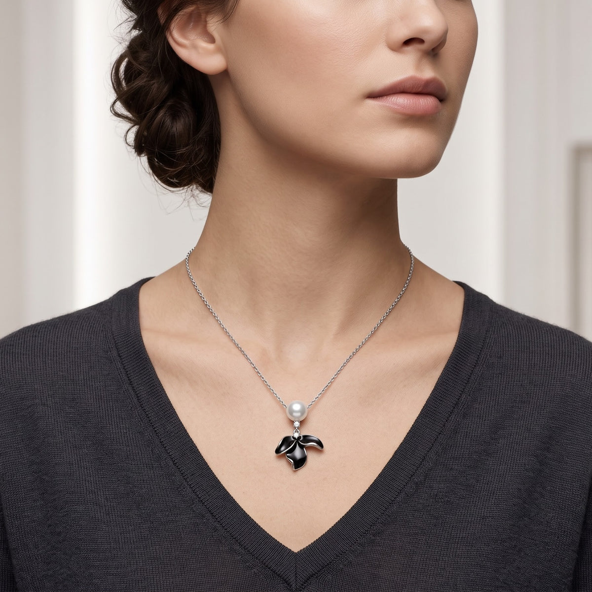 Elegant Black Enamel Flower Pearl Necklace & Earrings Set