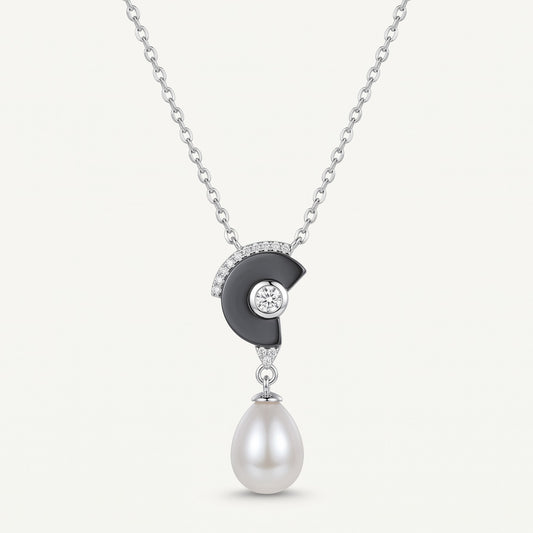 Elegant Black Enamel Pearl Drop Necklace & Earrings Set