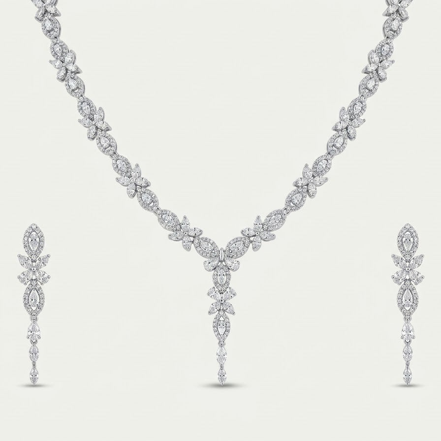 White Stone Floral Necklace & Earrings Set
