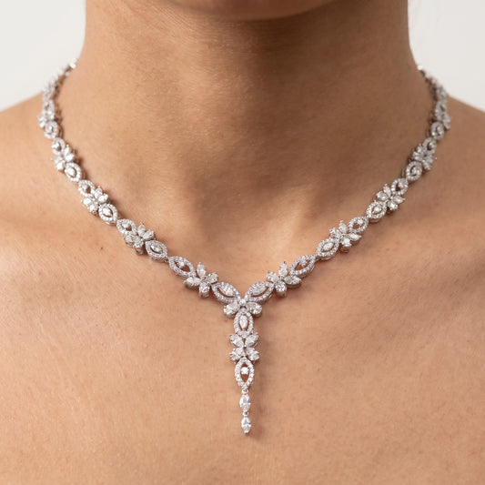 White Stone Floral Necklace & Earrings Set