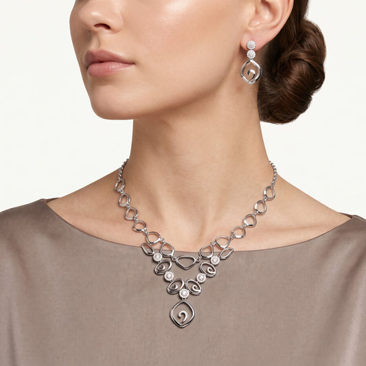 Silver Swirl Necklace & Earrings Set – Elegant Crystal Jewellery