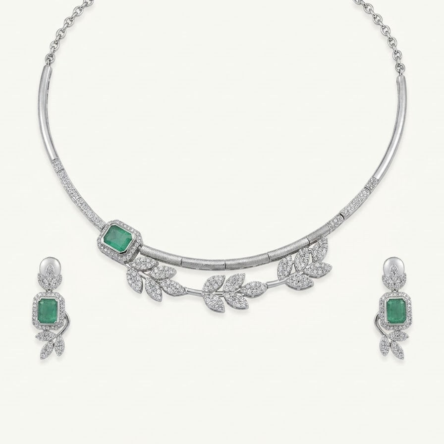 Emerald Green Necklace & Earrings Set – Leaf Design Jewellery