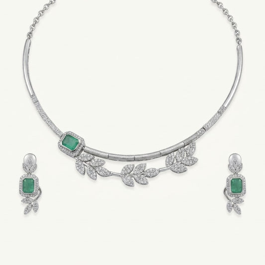 Emerald Green Necklace & Earrings Set – Leaf Design Jewellery