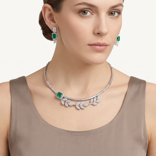 Emerald Green Necklace & Earrings Set – Leaf Design Jewellery