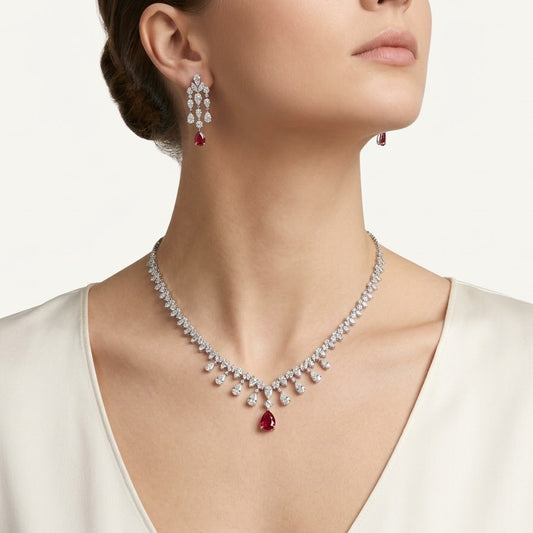 Ruby Red Drop Necklace & Earrings Set