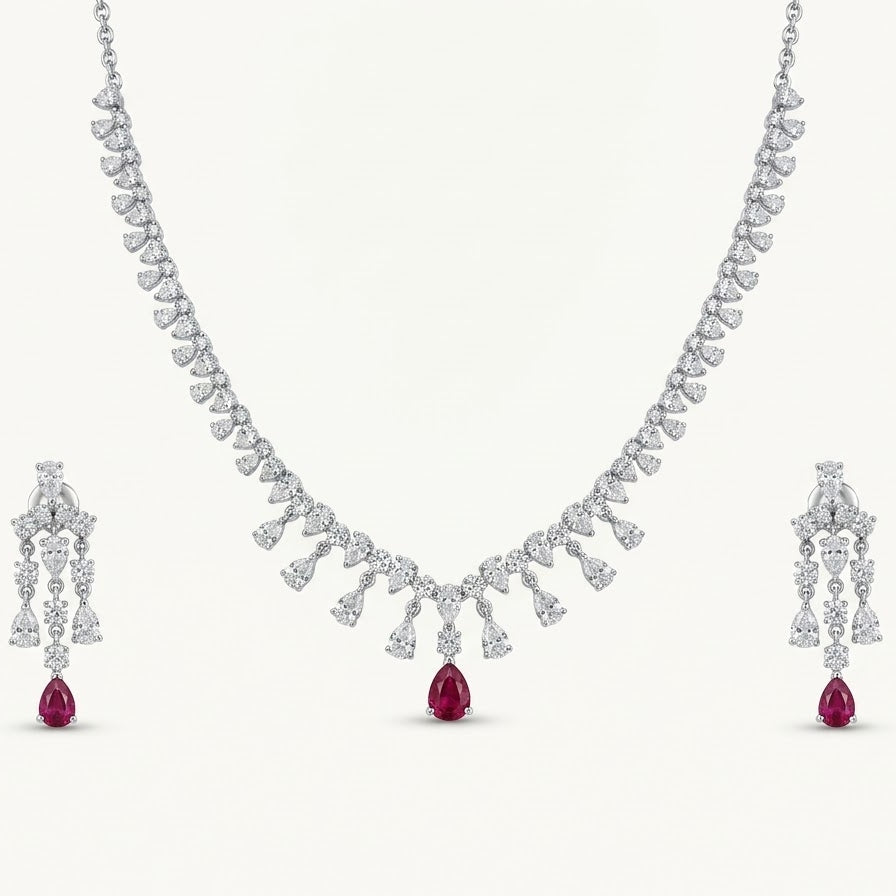 Ruby Red Drop Necklace & Earrings Set