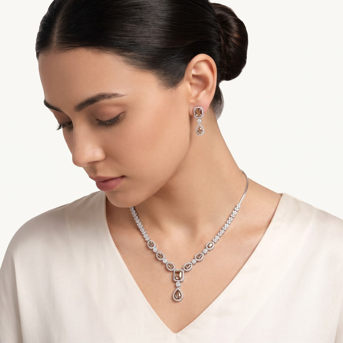 Champagne-Cut Stone Necklace & Earrings Set
