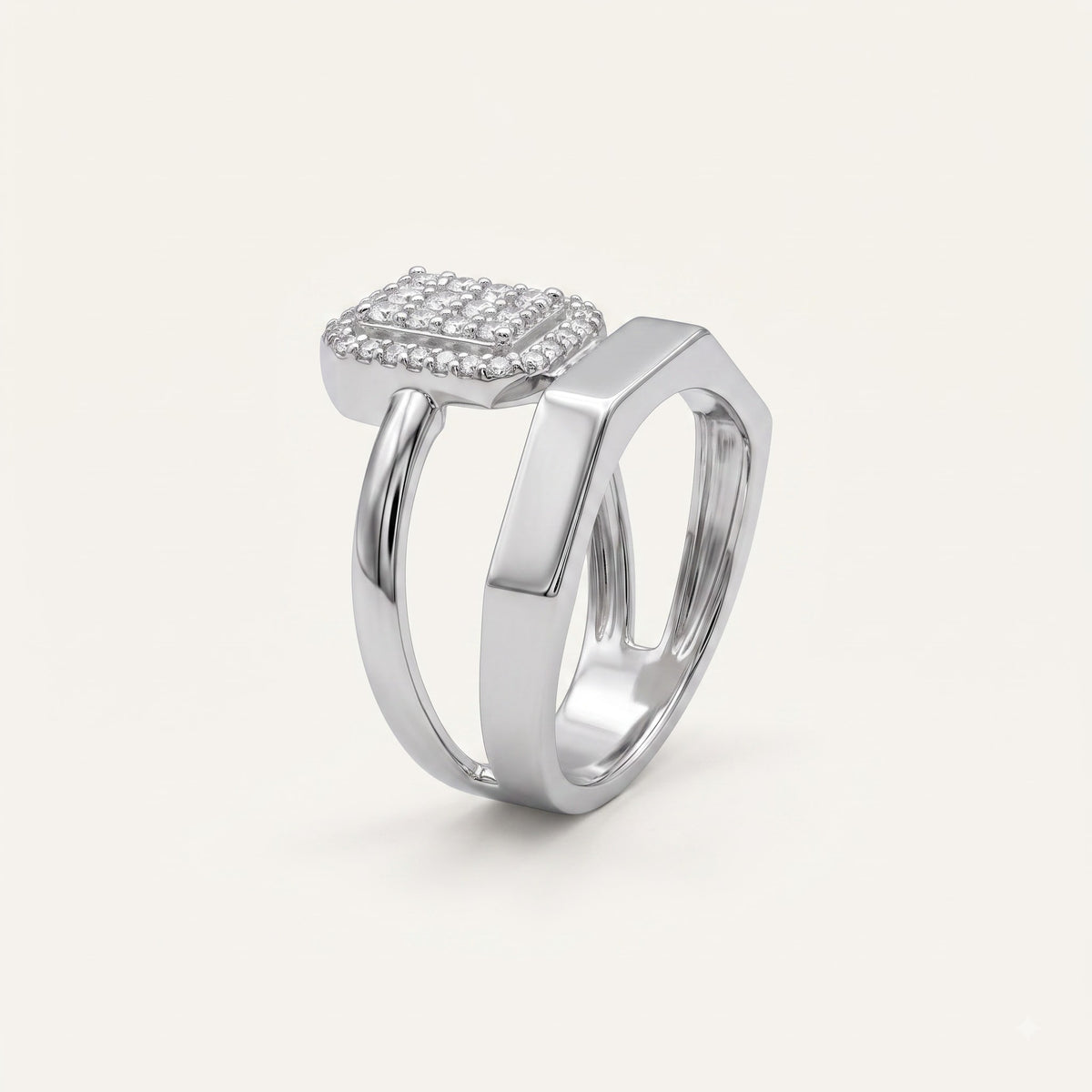 Elegant Square Crystal Statement Silver Ring with Bold Open Band