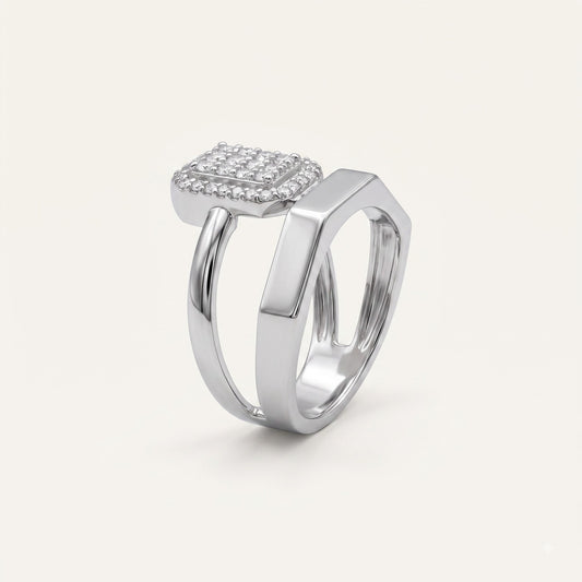 Elegant Square Crystal Statement Silver Ring with Bold Open Band