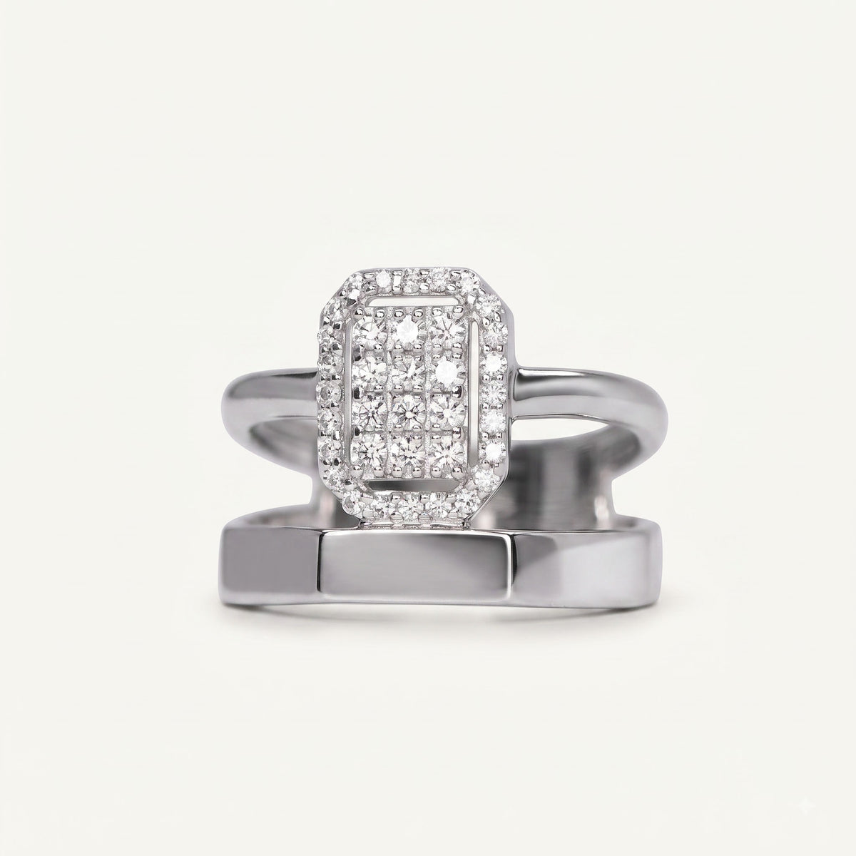 Elegant Square Crystal Statement Silver Ring with Bold Open Band