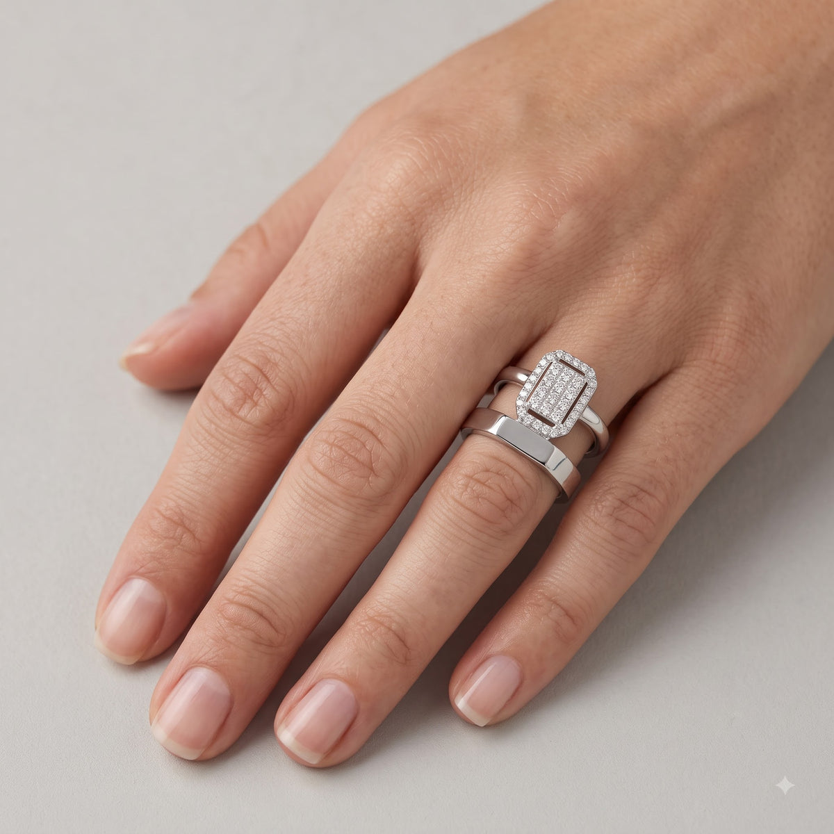 Elegant Square Crystal Statement Silver Ring with Bold Open Band