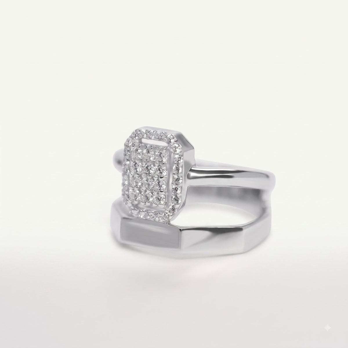 Elegant Square Crystal Statement Silver Ring with Bold Open Band