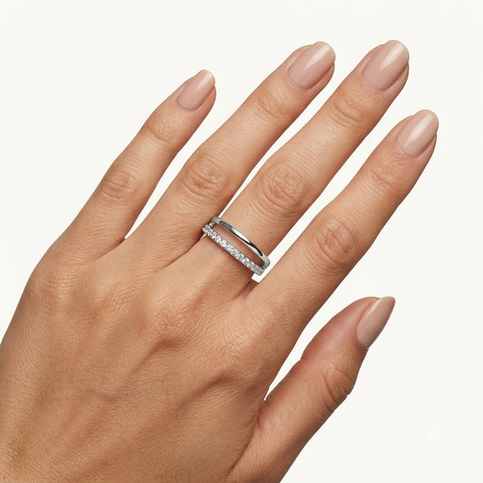 Elegant Silver Pavé Band Ring with Sparkling Clear Stones