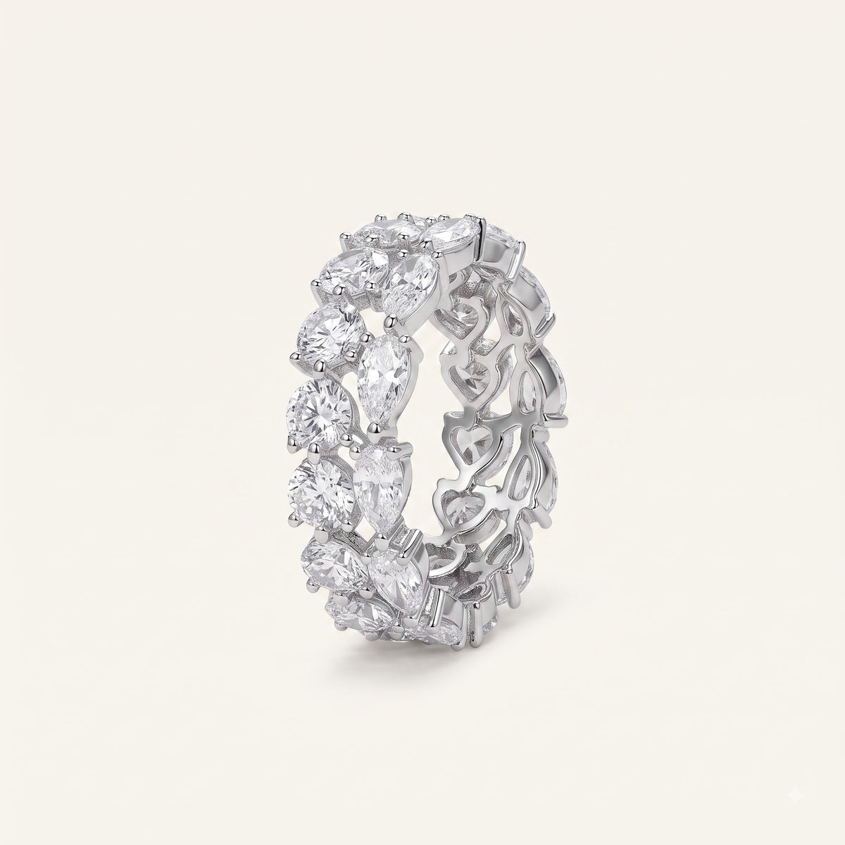 Silver Marquise & Round Crystal Eternity Ring with Heart Details