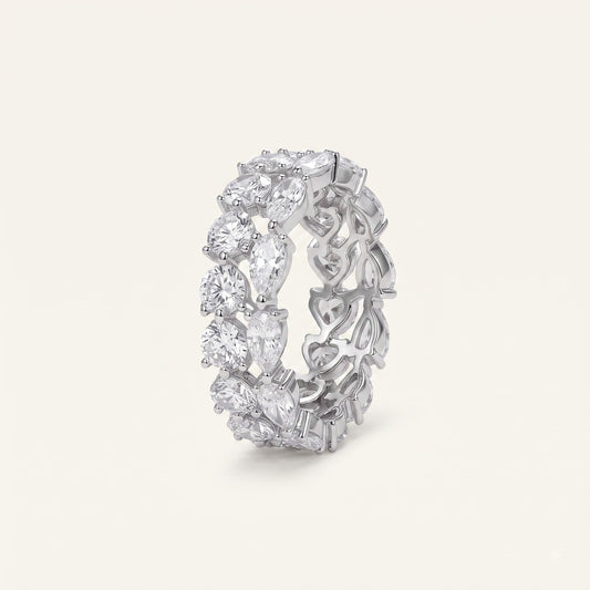 Silver Marquise & Round Crystal Eternity Ring with Heart Details