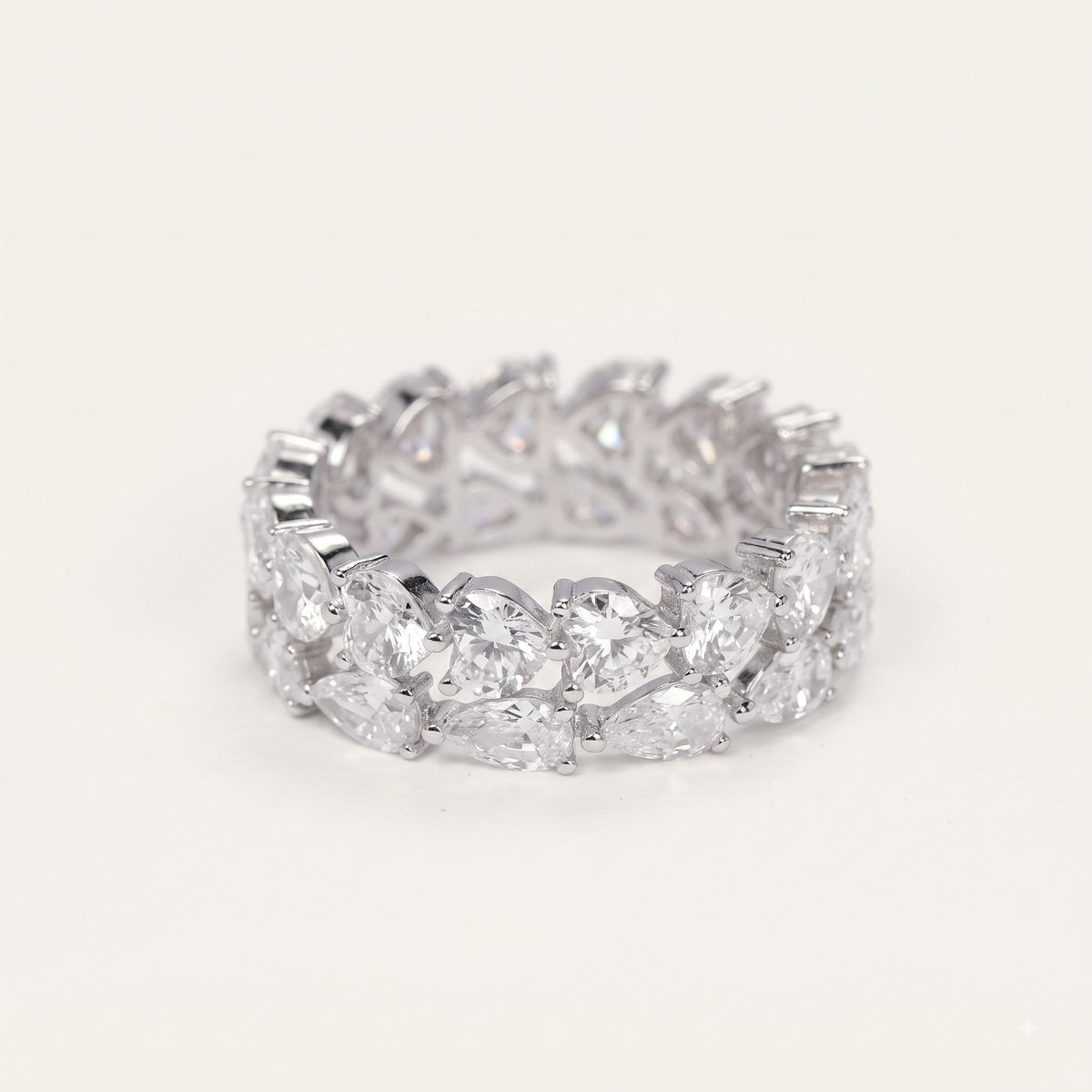 Silver Marquise & Round Crystal Eternity Ring with Heart Details