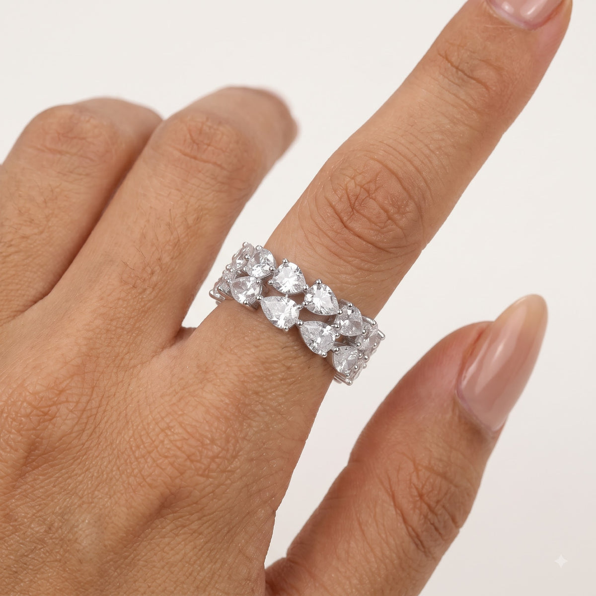 Silver Marquise & Round Crystal Eternity Ring with Heart Details