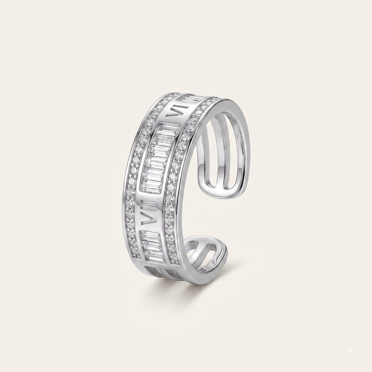 Silver Baguette Crystal C-Shaped Statement Ring