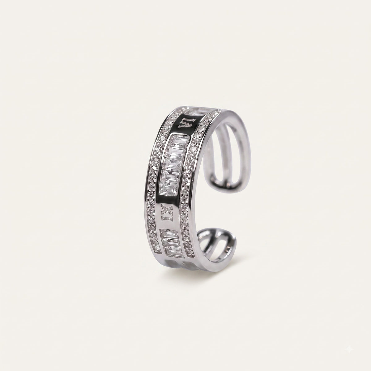 Silver Baguette Crystal C-Shaped Statement Ring